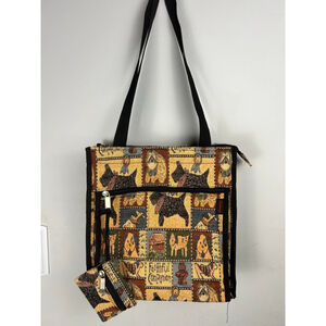Yuhong Tapestry Tote Bag w/ Coin Purse Tan/Black Dog Print. Faithful Companion